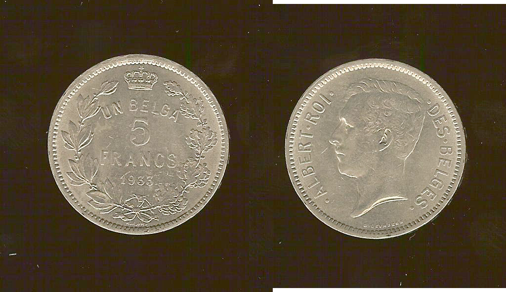 BELGIQUE 5 Francs Albert Ier légende Française 1933 SPL-